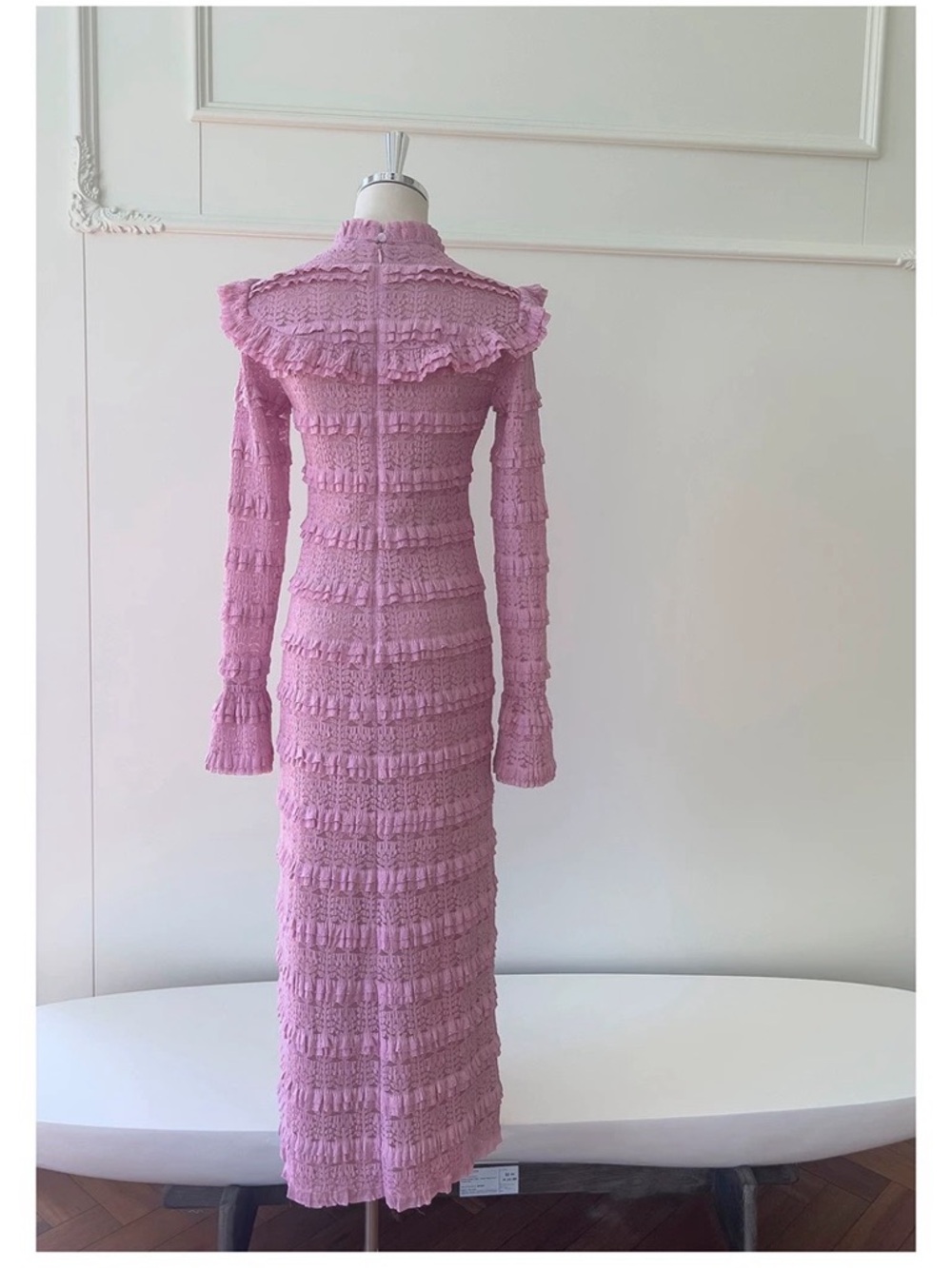 Pink Ruffled Knit Long Sleeve Midi Dress Victorian French Elegant Gown - Picture 5 of 16